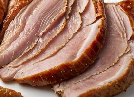 Thick slice of smoked meat showcased in a detailed closeup of the texture and color photo