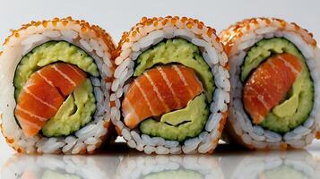 Closeup view of sushi rolls featuring salmon and avocado for a delicious meal photo