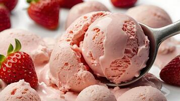 Closeup view of creamy strawberry ice cream with fresh strawberries and a spoon photo