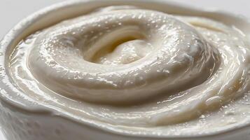 Closeup view of thick Greek yogurt in a white bowl with smooth texture photo