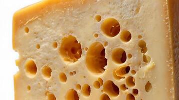 Closeup view of a thick slice of aged cheese showcasing its distinctive holes and texture photo