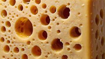 Closeup view of a thick slice of aged cheese showing unique holes and texture details photo