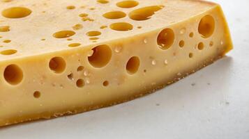 Detailed closeup of a thin slice of smoked cheese showing unique texture and holes photo
