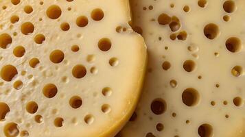 Closeup view of a thin slice of smoked cheese showcasing distinct holes and texture photo