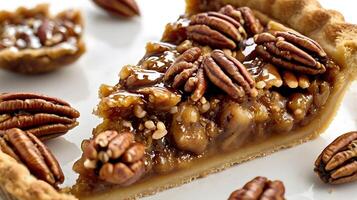 Closeup view of a thick slice of pecan pie with whole pecans and rich filling photo