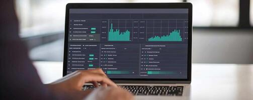 Marketing analytics consumer optimization concept. Analysis of data on a laptop screen with financial graphs and statistics. photo
