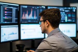 Marketing analytics strategy behavior concept. Focused analyst working with multiple data screens and graphs. photo