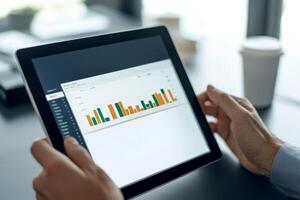 Marketing analytics consumer optimization concept. Hands holding a tablet displaying colorful data charts. photo