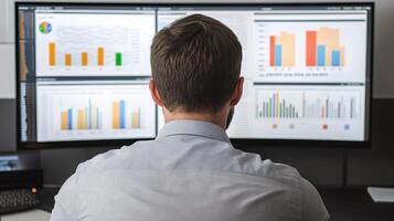 Marketing analytics data personalization concept. Person analyzing data on multiple monitors with graphical charts displayed. photo