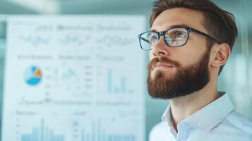 Marketing analytics strategy behavior concept. Professional man analyzing data with charts and graphs in the background. photo