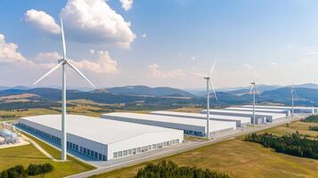 Renewable Energy wind integration concept. Modern industrial complex with wind turbines and green landscape. photo