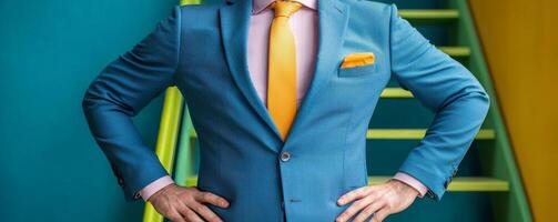 Motivated corporate ladder concept. Brightly dressed man poses confidently in a colorful setting. photo