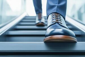 Motivated corporate ladder concept. Close-up of a man in formal shoes walking up stairs. photo