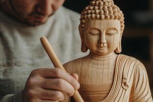 Buddha mindfulness concept. Craftsman carving a wooden Buddha statue with focus and precision. photo