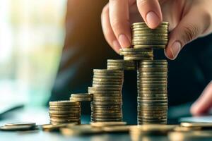 Motivated corporate ladder concept. Hand stacking gold coins in a financial growth concept. photo