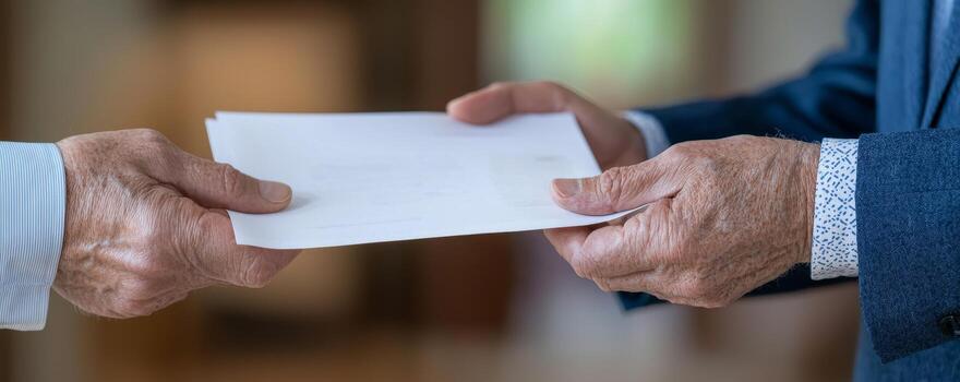 Trust planning for estate law attorney concept. Hands exchanging a blank envelope in a warm setting. photo