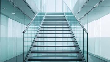 Climbing corporate ladder concept. Modern glass staircase in a contemporary building. photo