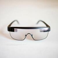 Digital transformation, innovation and adaptation concept. Sleek black safety glasses with clear lenses on a plain surface. photo