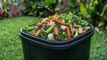 Sustainable living social concept. Overflowing compost bin filled with organic waste in a garden setting. photo