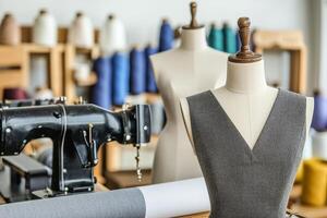 Custom fit clothes concept. Sewing tools with dress form and fabric rolls in a creative workspace. photo