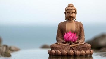Buddha mindfulness concept. Serene Buddha statue with a pink lotus flower by the water. photo