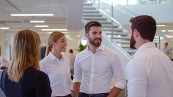 Motivated corporate ladder concept. Professionals engaging in discussion in a modern office setting. photo