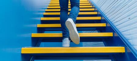 Motivated corporate ladder concept. Person walking up blue stairs with yellow steps. photo