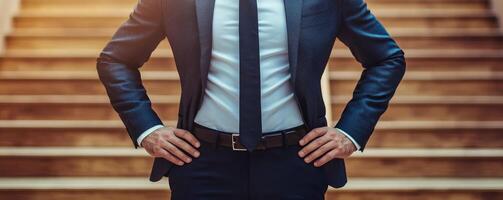 Motivated corporate ladder concept. Stylish man in a unique jacket standing confidently on stairs. photo