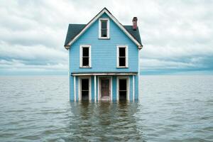 A blue house partially submerged in water under a cloudy sky. photo