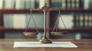 A brass scale of justice on a document in a library setting. photo