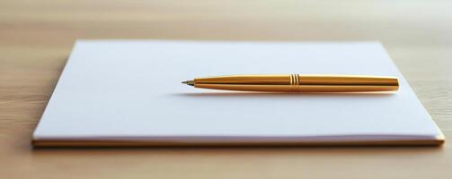 A golden pen rests on a blank notepad against a wooden background. photo