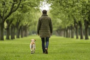 Enjoy pet story friendship concept. A person walks a dog through a serene tree-lined path. photo