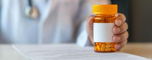 Prescription medication in a doctor's hand with a document. photo