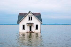climate change concept. Abandoned house partially submerged in calm water under a cloudy sky. photo