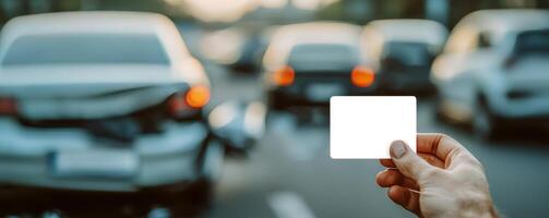 Vehicle with insurance and legal concept. Hand holding a blank card in front of a traffic accident scene. photo