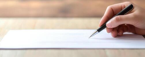 Hand holding a pen poised over a blank sheet of paper. photo