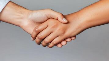 Handshake between diverse individuals symbolizing unity and agreement. Justice and patient treatment and healthcare concept. photo