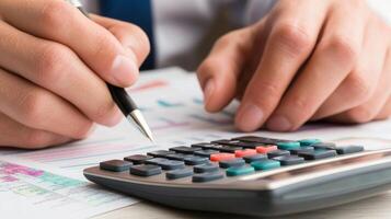 Hands using a calculator while reviewing financial documents. photo
