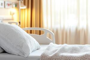 Hospital bed with pillows and blanket, soft lighting in background. photo