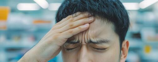 Man holding his forehead, showing signs of stress or headache in a pharmacy setting. Stress, anxiety and overwhelmed for deadline frustrated tired concept. photo