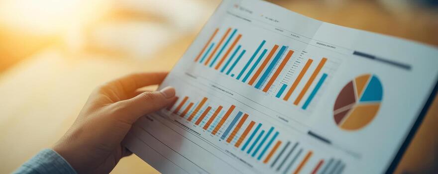 Person holding a report with colorful graphs and charts in a bright atmosphere. photo