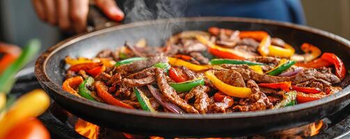 Sizzling fajitas with colorful bell peppers in a skillet. photo