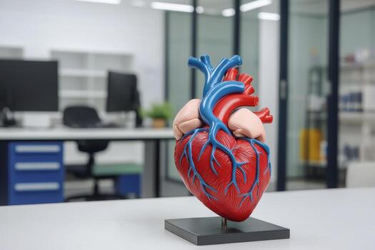 3D heart model displayed in a modern, well-lit medical office setting. photo