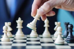 A hand moves a chess piece on a board during a strategic game. photo