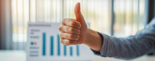 Positive gesture with a hand giving a thumbs up in a business setting. photo