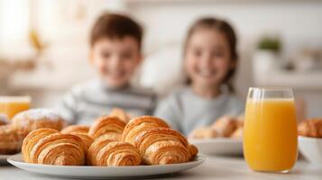 Cheerful kids enjoying breakfast with croissants and orange juice in a cozy setting. photo