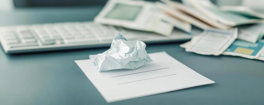 Crumpled paper on a desk with office supplies in the background. photo