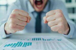 Frustrated man with clenched fists over financial documents at a workspace. photo