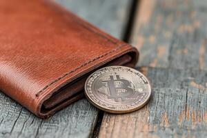 Leather wallet with Bitcoin coin on a rustic wooden surface. photo