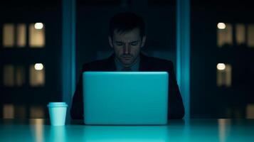 Man working late at night on a laptop with a coffee cup nearby, illuminated by screen light. photo